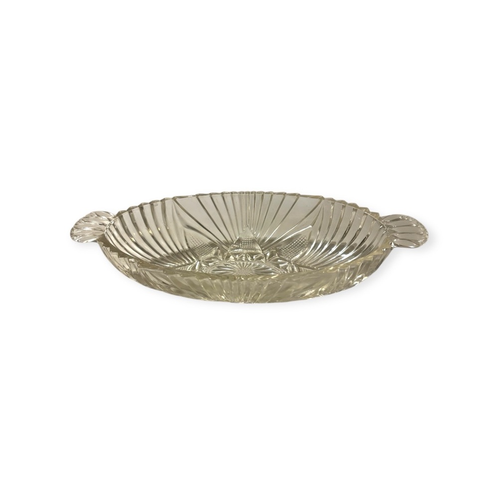Vintage Hazel Atlas Clear Glass Dish Bowl Handles Fan Triangle Design Trinket